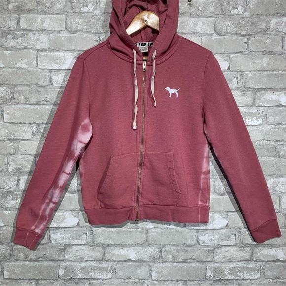 PINK Victoria's Secret Women's Medium Full Zip Hoodie White Tie Dye Sleeves - Picture 1 of 6